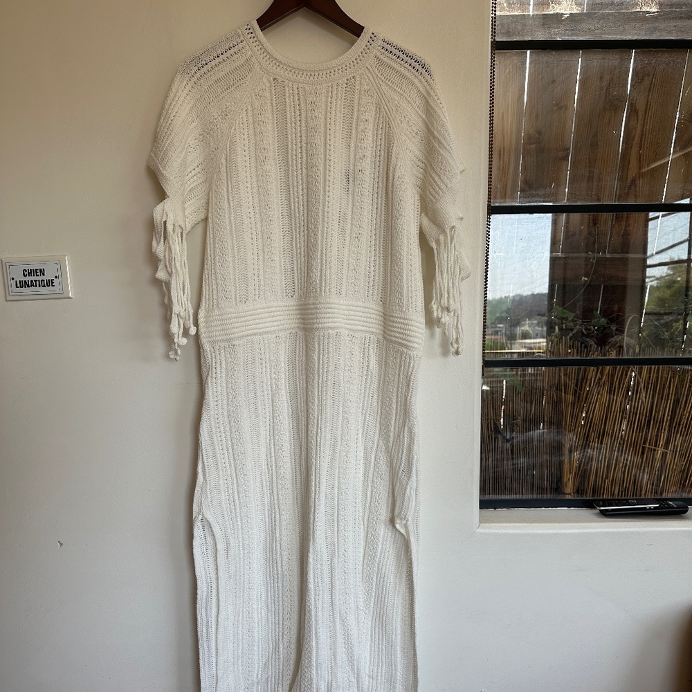 Jonathan Simkhai White cotton crochet knit dress w/fringed hem size XL